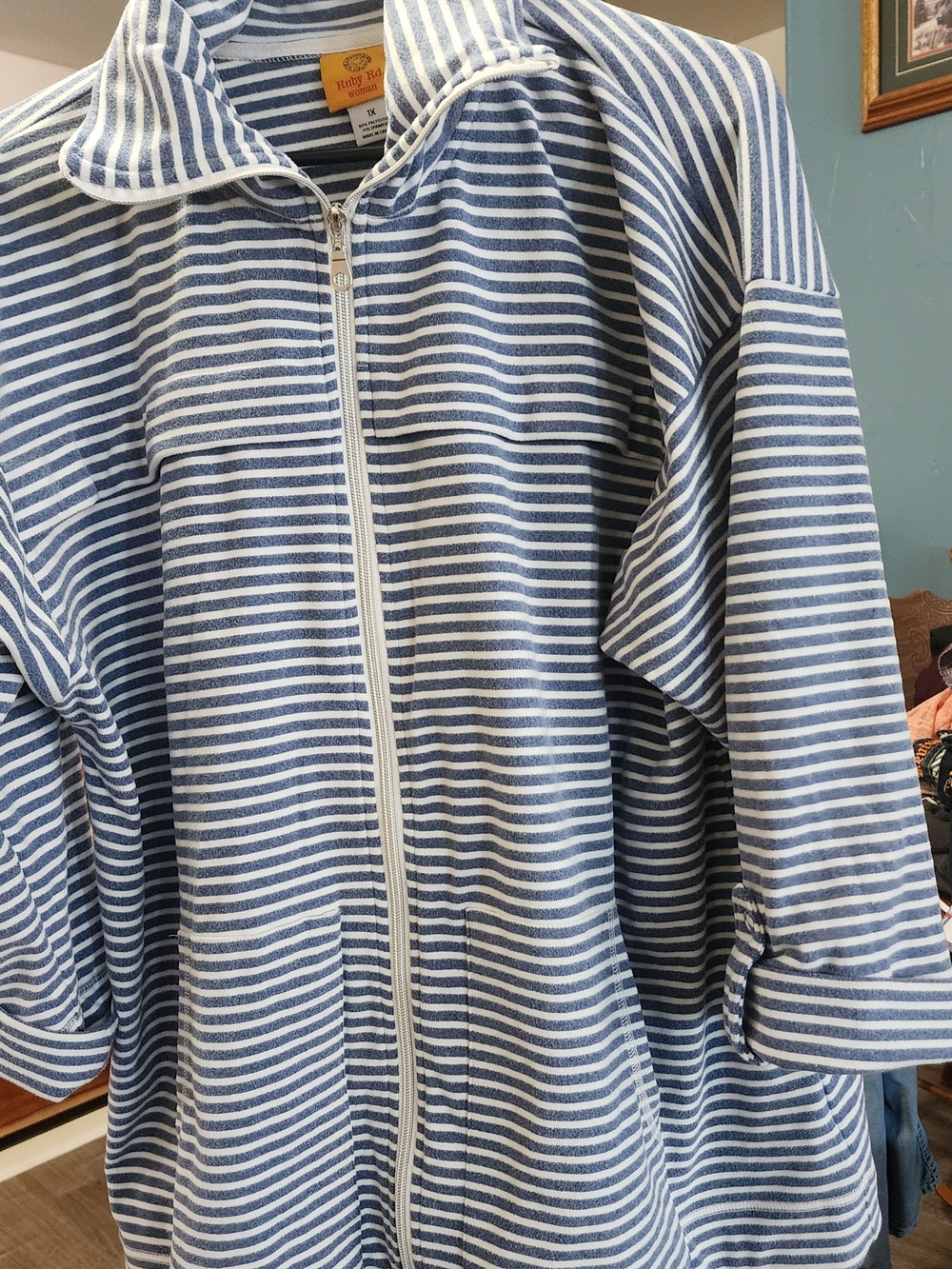 Ruby Rd. Blue and White Striped Zip-Front Jean Jacket Sz 1X